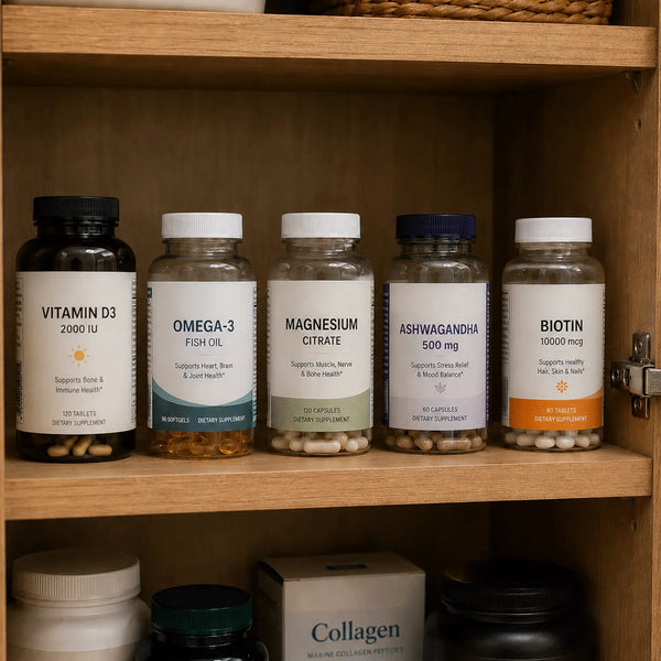 A cupboard with five half finished supplement bottles